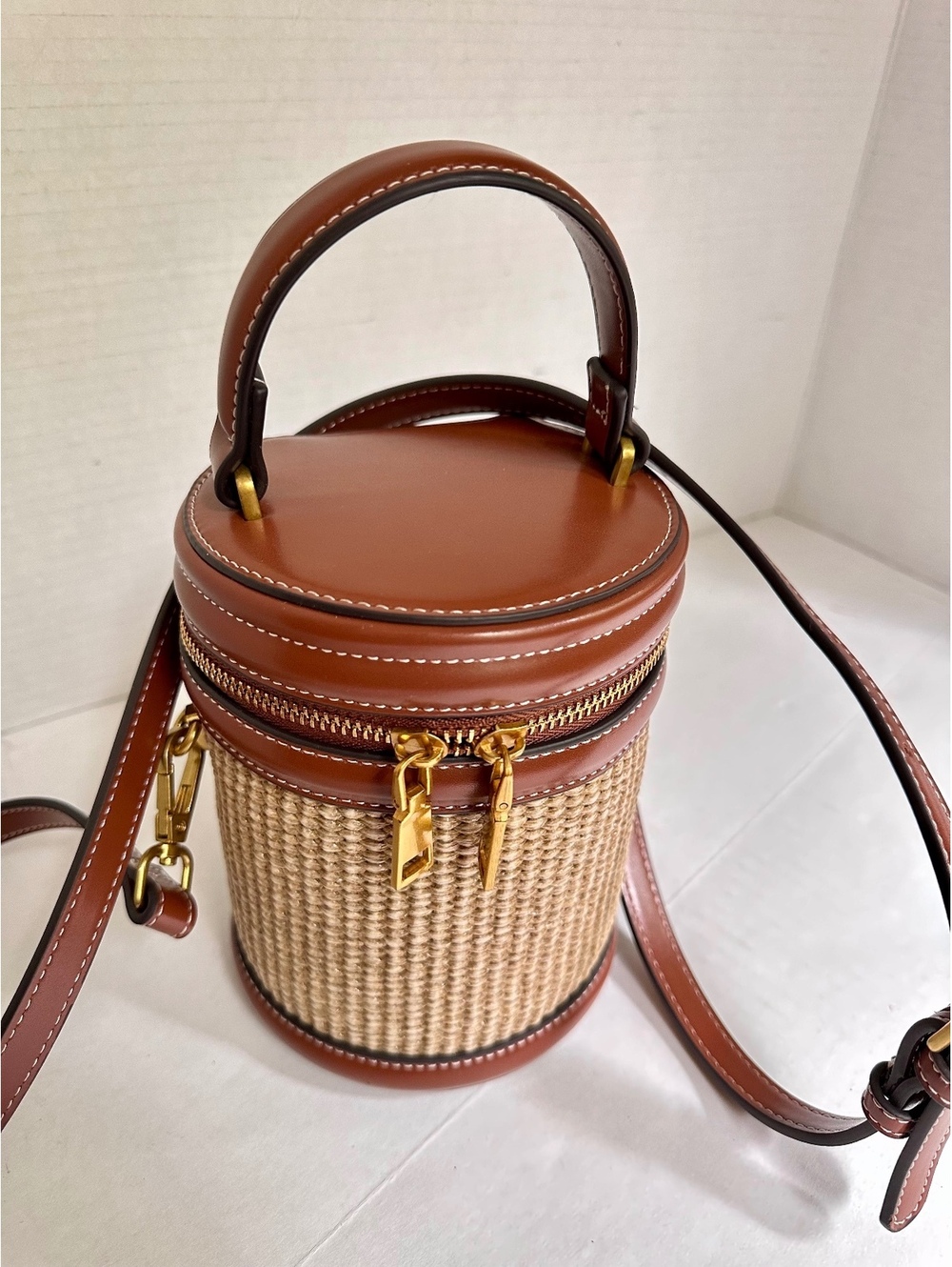 House of Harlow 1960 Woven Straw Cylinder Bag Rich Brown PU Leather Trim